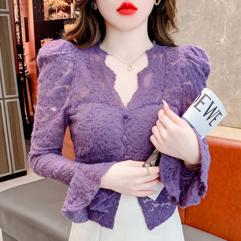 v領泡泡袖V領磨毛蕾絲打底衫女秋冬季新款修身短款小衫內搭上衣潮