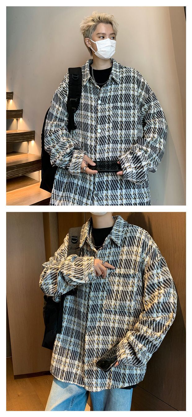 Piccolo cappotto profumato da uomo primavera e autunno scozzese di fascia alta alla moda camicia di grandi dimensioni colletto ribaltabile bella coppia_voghion.com