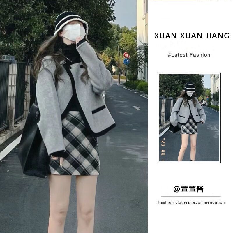 套裝女2023秋冬新款純欲風辣妹設計感毛呢外套高腰顯瘦格子半身裙