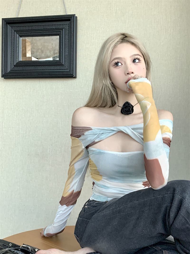 復古辣妹長袖扎染網紗T恤女秋季獨特别致修身褶皺設計感小眾上衣