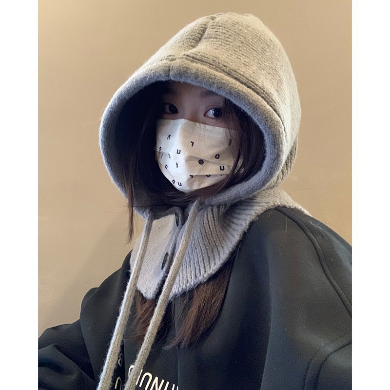巴拉克拉法帽灰色針織帽子女2023新款冬季洋氣保暖加厚護耳毛線帽