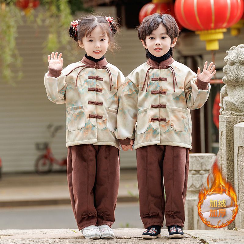 男童唐装加绒新年服冬装女童中国风加厚汉服宝宝一周岁国潮拜年服