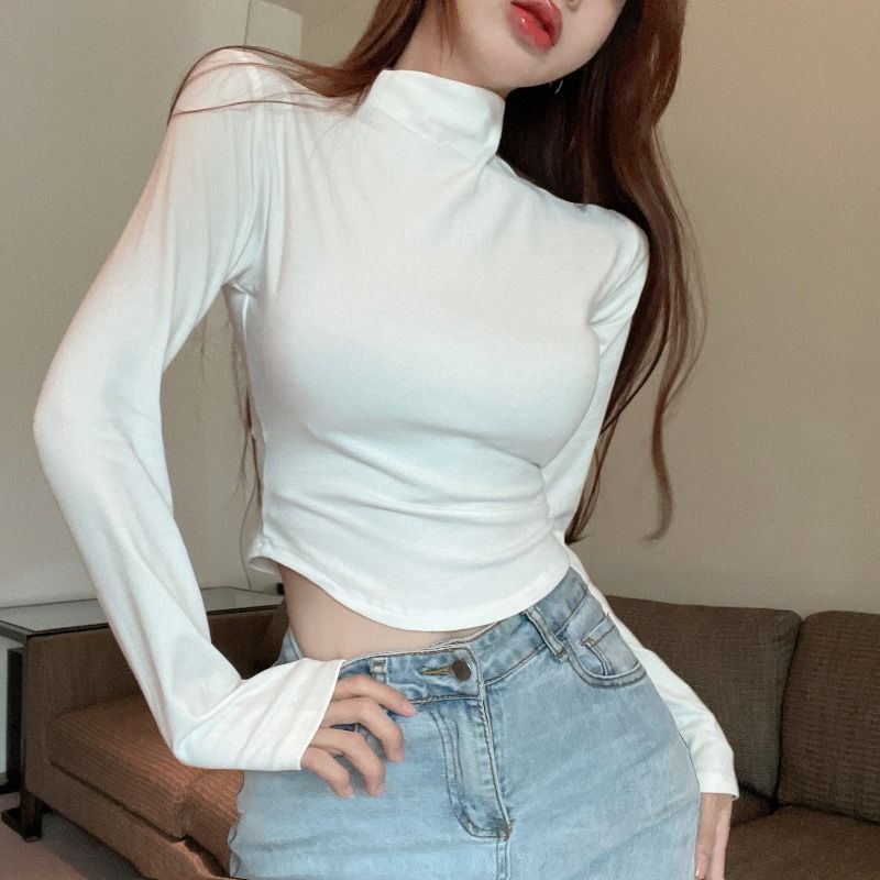早秋冬別致短款上衣磨毛加絨加厚半高領白色打底衫女內搭長袖t恤