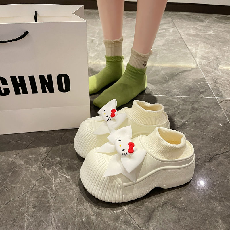 蝴蝶結加絨棉鞋女2023時尚秋冬季可外穿厚底防水防滑包跟耐髒棉拖