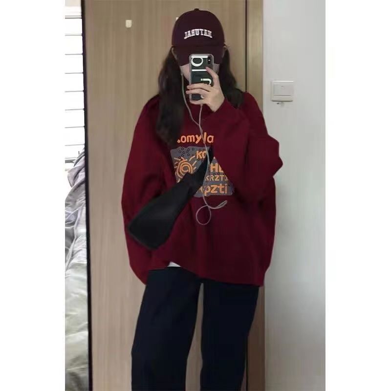 美式hiphop國潮牌圓領衛衣女春秋冬季薄款加絨寬鬆慵懶風外套上衣