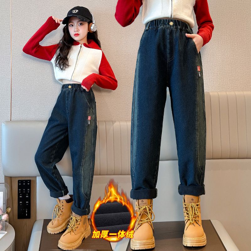 女童加絨牛仔褲時尚漸變哈倫褲2023新款中大兒童學生冬天加厚褲子