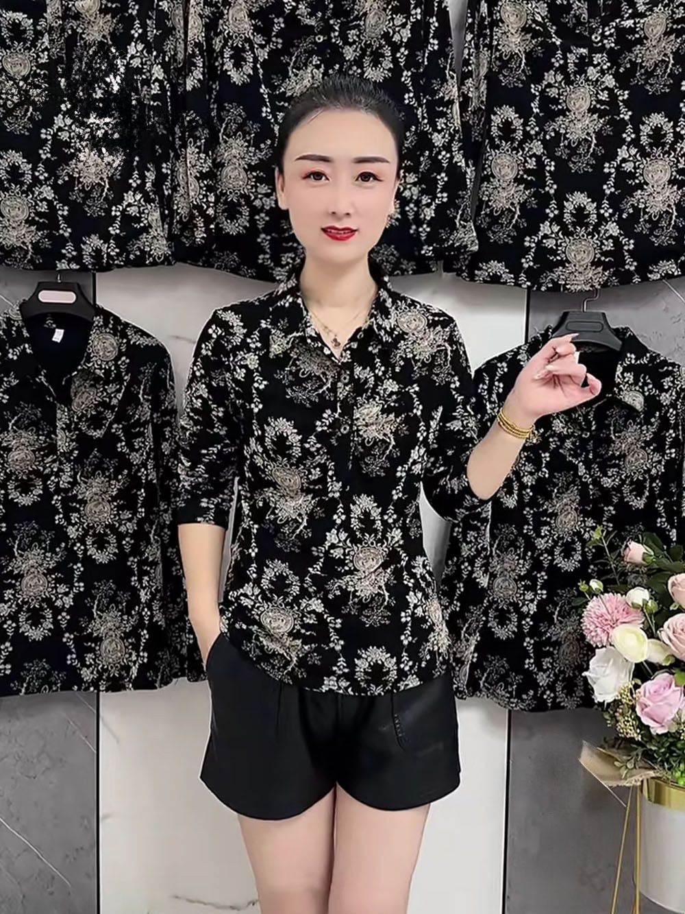 秋冬爆款花色加絨小衫女士長袖襯衫領彈力顯瘦寬鬆洋氣保暖打底衫