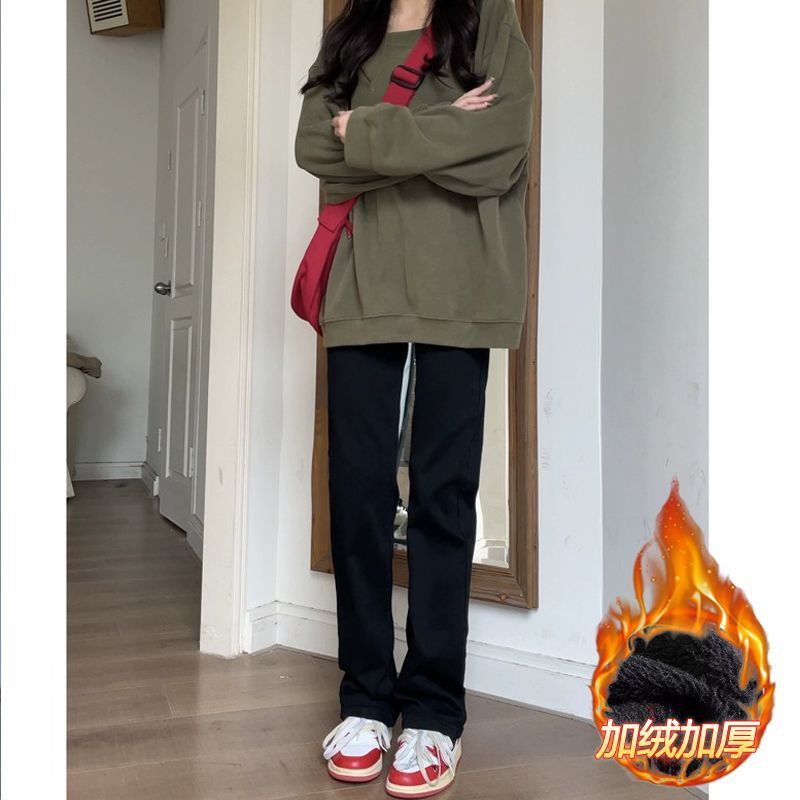 黑色加絨直筒牛仔褲女秋冬季窄版寬鬆顯瘦加長百搭煙管褲拖地長褲