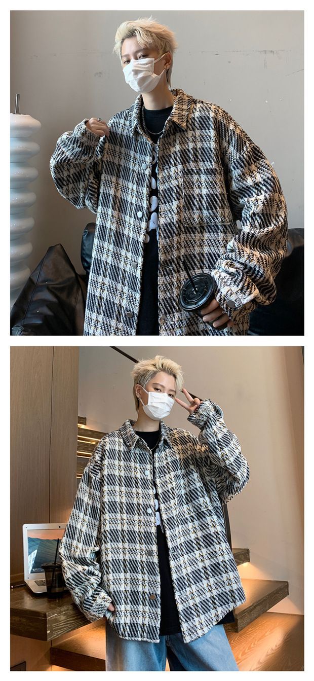 Piccolo cappotto profumato da uomo primavera e autunno scozzese di fascia alta alla moda camicia di grandi dimensioni colletto ribaltabile bella coppia_voghion.com