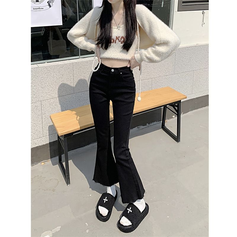 微喇叭牛仔褲女九分秋季2023年新款小個子高腰顯瘦黑色毛邊喇叭褲
