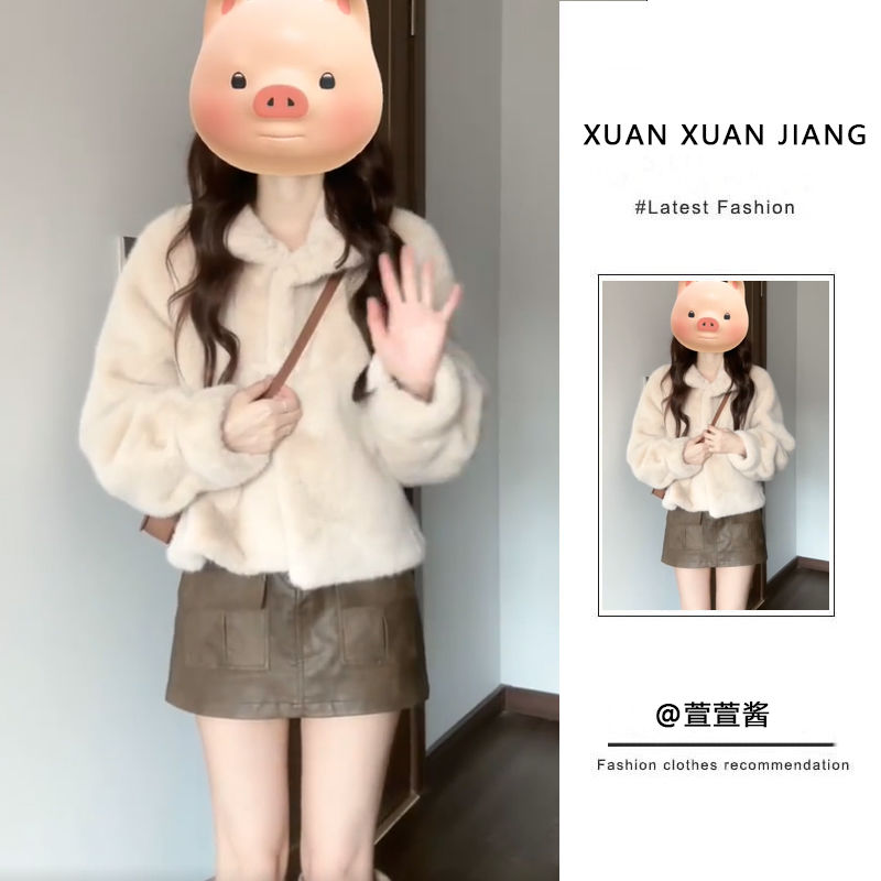套裝女2023秋冬新款甜辣洋氣毛毛加厚夾克外套高腰顯瘦皮裙半身裙