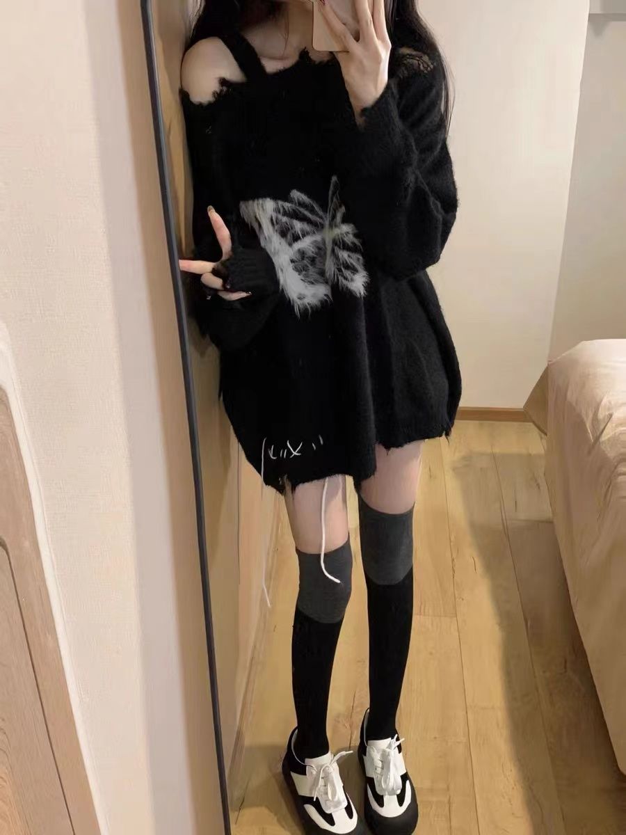 2023年新款毛絨蝴蝶結慵懶風毛衣女寬鬆秋冬設計感破洞針織衫上衣