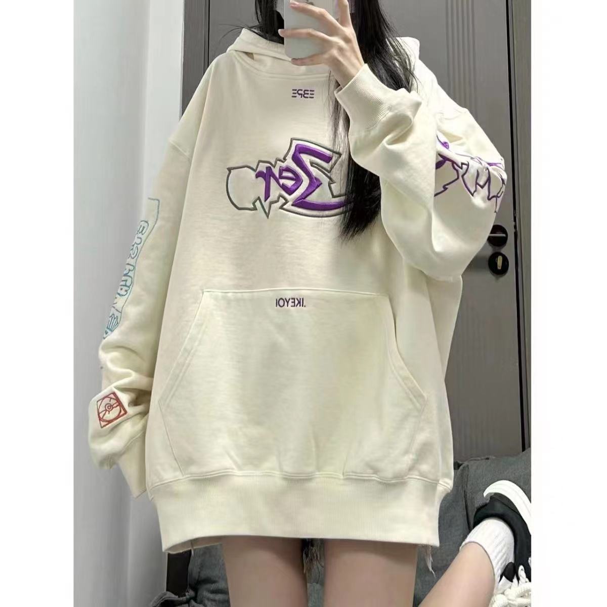 重磅純棉刺繡衛衣少女秋冬加絨加厚國潮重工多色刺繡百搭連帽衛衣