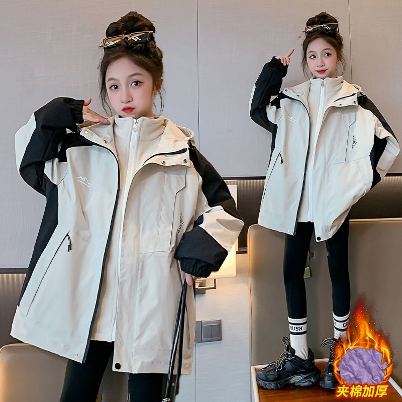 Girls' Autumn and Winter Jackets  New Children's Clothing Zipper Shirts, Middle and Large Children's Winter Clothes Plus Velvet Two-piece Set