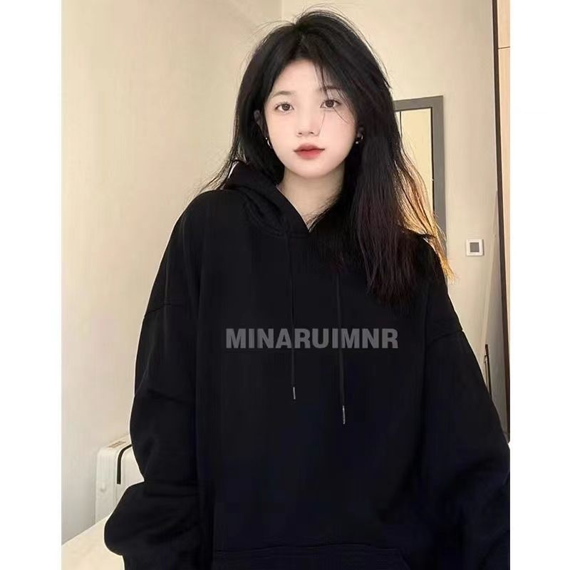 春秋薄款美式復古國潮牌oversize連帽黑色衛衣女秋冬加絨vintage