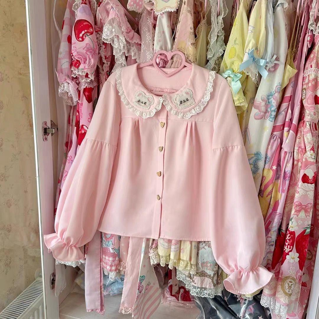 粉色小熊餅乾襯衫 甜美可愛軟妹乖巧Lolita百搭打底衫女內搭上衣