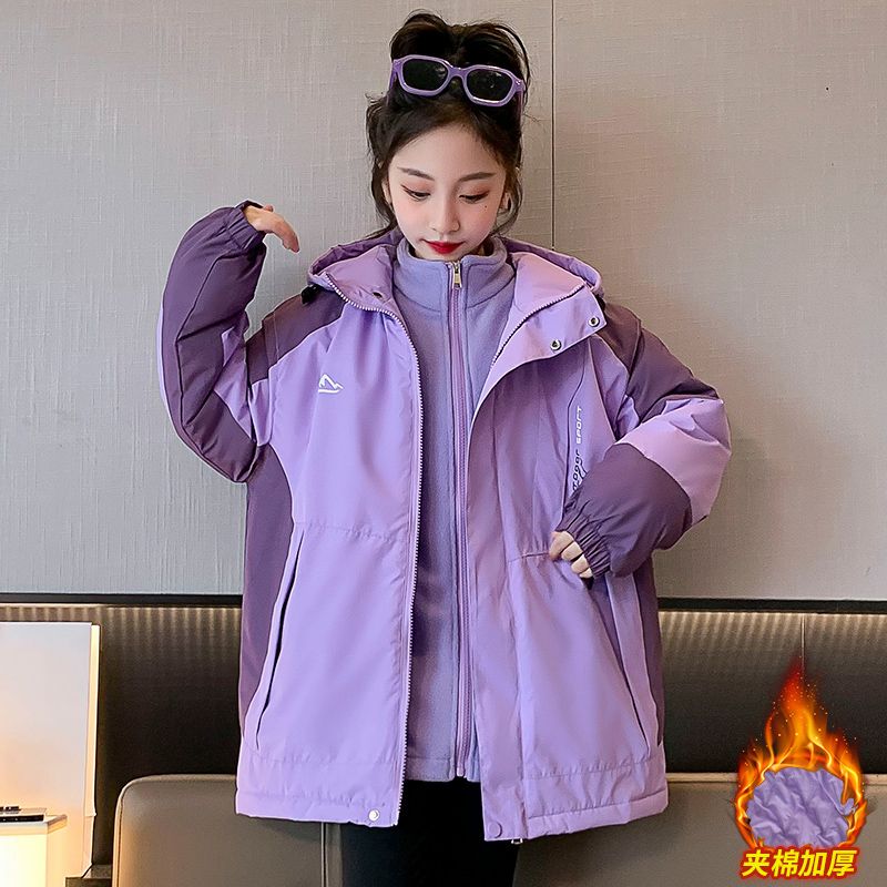 Girls' Autumn and Winter Jackets  New Children's Clothing Zipper Shirts, Middle and Large Children's Winter Clothes Plus Velvet Two-piece Set