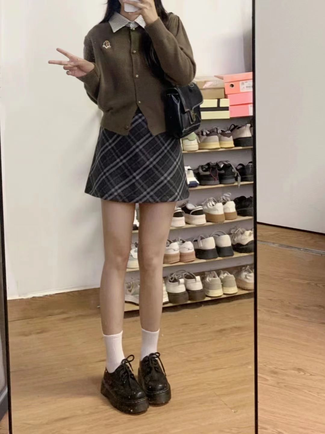 polo領假兩件開衫毛衣2023春秋季美拉德穿搭顯瘦A字半身裙套裝女