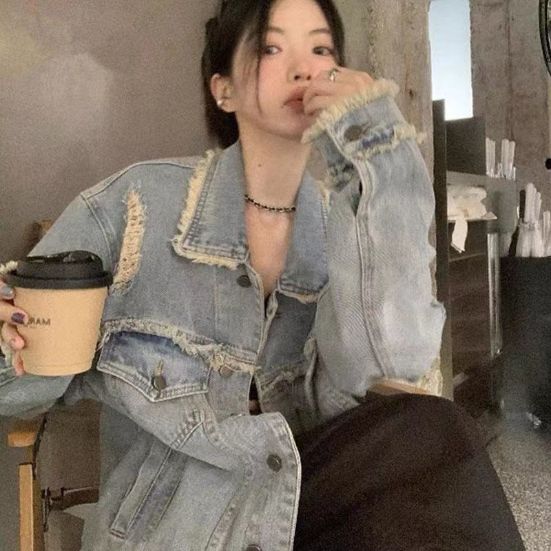 Retro raw edge distressed ripped denim jacket for women spring and autumn loose casual all-match work jacket top trendy ins