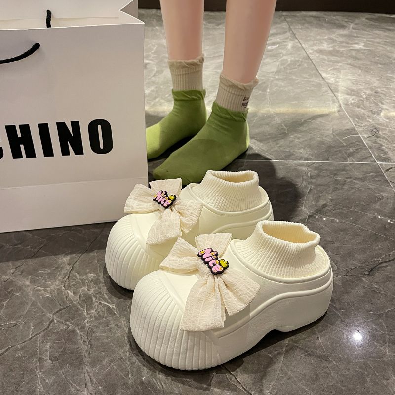 2023新款厚底蝴蝶結棉鞋女外穿冬季防水加絨保暖辦公室防滑棉拖鞋