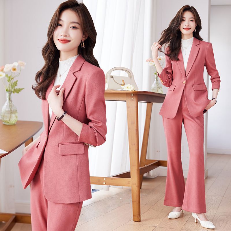 粉色西裝外套女秋冬新款時尚氣質女神范工作服職業西服喇叭褲套裝