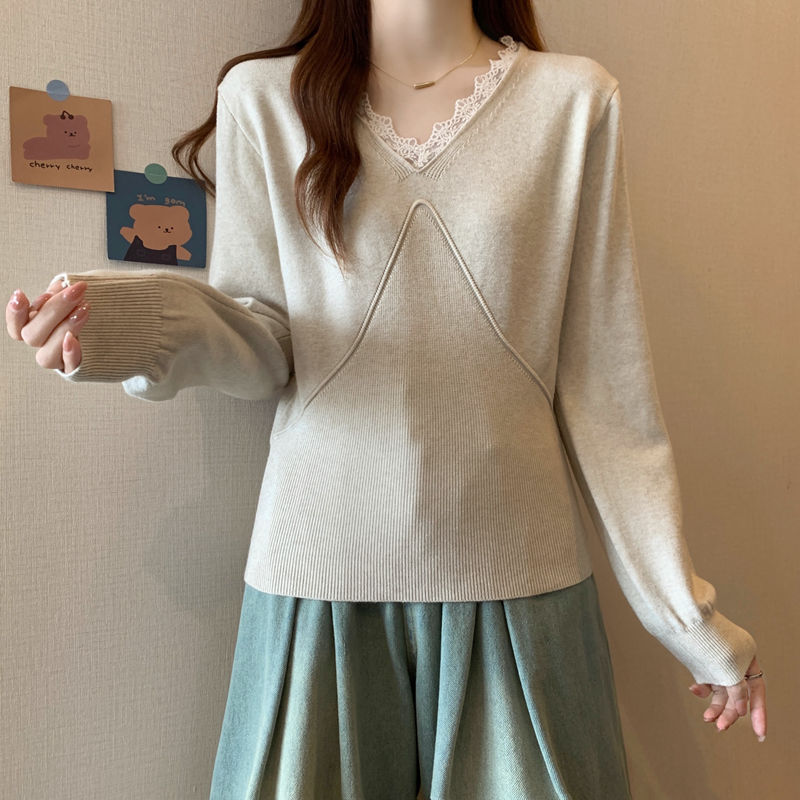 大碼女裝胖MM蕾絲花邊V領2023年秋冬寬鬆顯瘦新款毛衣套頭針織衫