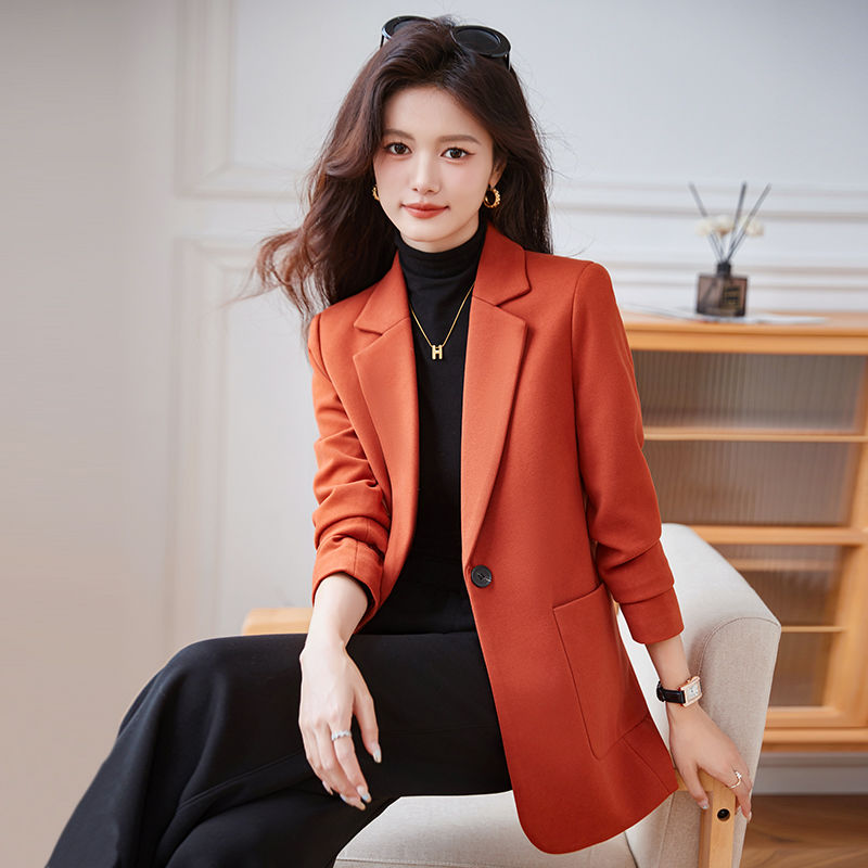 毛呢橙色西装外套女秋冬季加厚新款韩版气质时尚休闲橘色西服