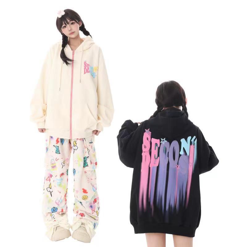 Heavy cotton American campus style letter graffiti sweatshirt for women spring and autumn thin lazy style loose jacket women's trend