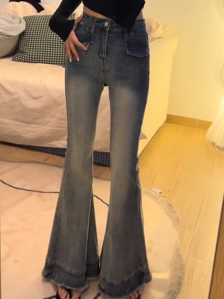 辣妹時尚微喇叭牛仔褲女小個子復古美式修身提臀高腰拖地馬蹄褲潮