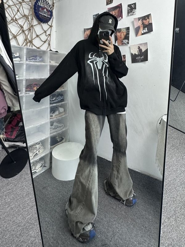美式高街微喇叭毛邊拖地牛仔褲男女款高腰黑灰漸變高級感闊腿長褲