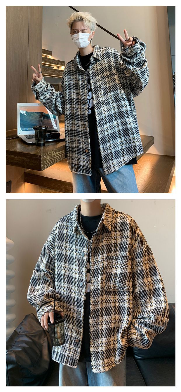 Piccolo cappotto profumato da uomo primavera e autunno scozzese di fascia alta alla moda camicia di grandi dimensioni colletto ribaltabile bella coppia_voghion.com