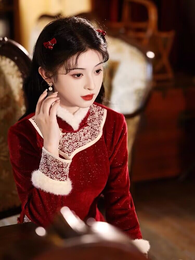 紅色旗袍冬季長袖加厚保暖敬酒服新娘過年新年拜年服女大人中國風