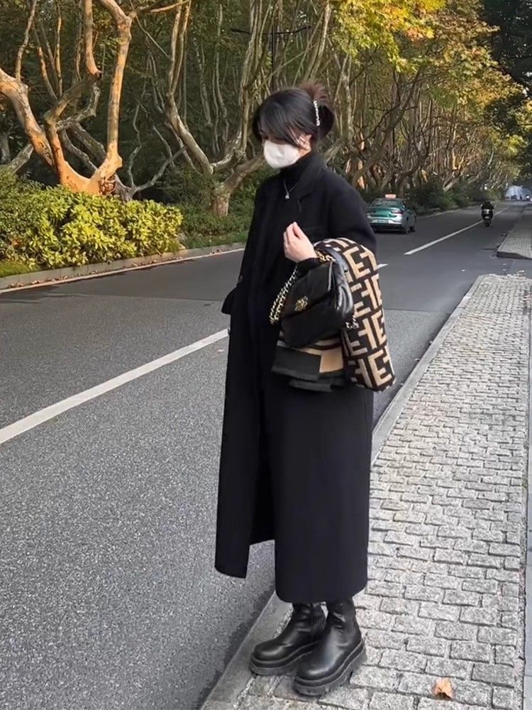 黑色大衣毛呢外套女中長款2023冬季新款小個子休閒過膝赫本風韓版
