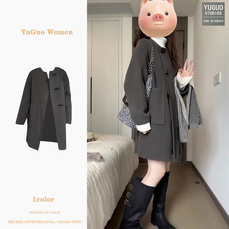 牛角扣毛呢外套女2023秋冬季新款高級感小個子中長款灰色呢子大衣