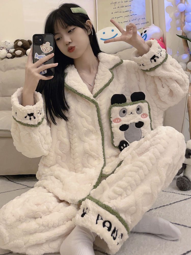 珊瑚絨睡衣女秋冬季長袖加厚法蘭絨可愛小熊貓新款毛絨家居服套裝