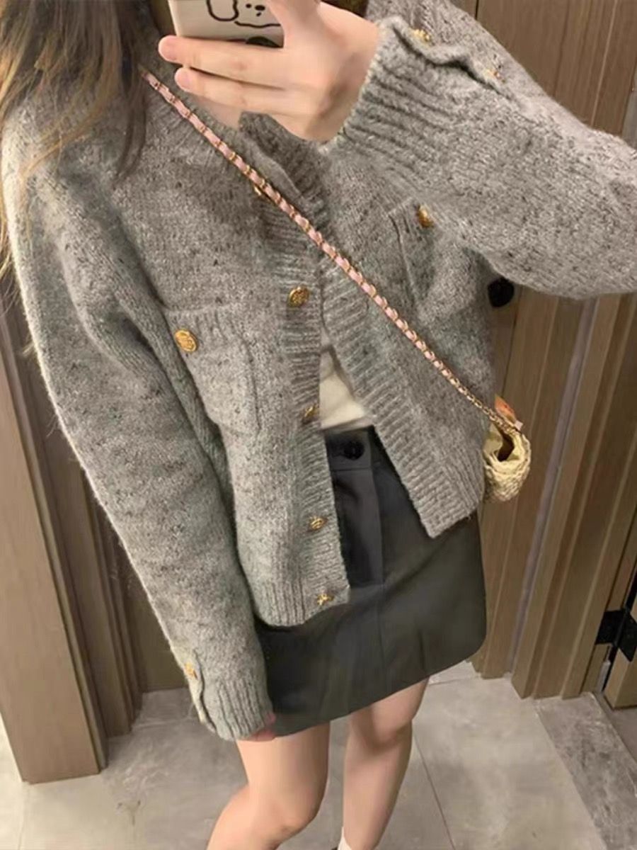 Retro lazy style gray knitted cardigan top for women autumn and winter new large size loose soft waxy sweater jacket