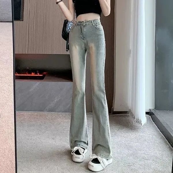 高腰長褲微喇叭牛仔褲女2023年新款秋季小個修身顯瘦復古馬蹄褲