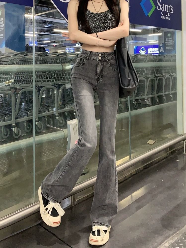 復古煙灰微喇牛仔褲女2023年新款秋冬款高腰百搭馬蹄喇叭褲子ins