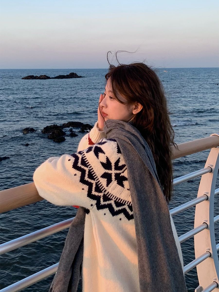 XJ家毛衣秋冬女軟糯慵懶寬鬆毛針織費爾島毛衣上衣套頭美拉德