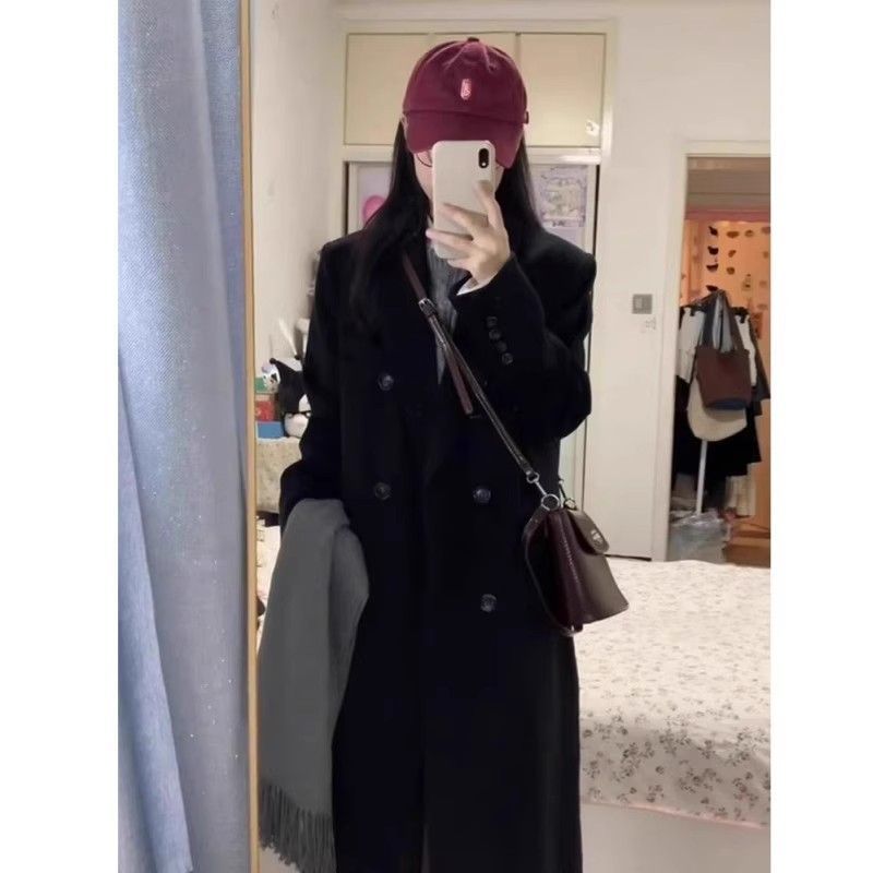 Black suit woolen coat women's high-end 2023 autumn and winter new Hepburn style thickened shoulder woolen coat