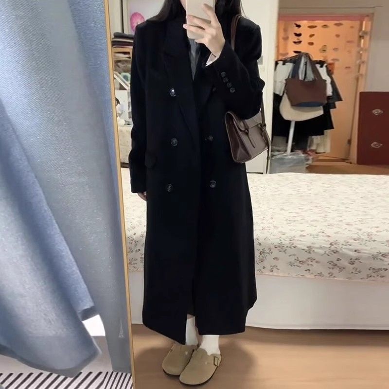 黑色韩系大衣2023新款秋季爆款长款赫本风高级感毛呢子外套女冬季