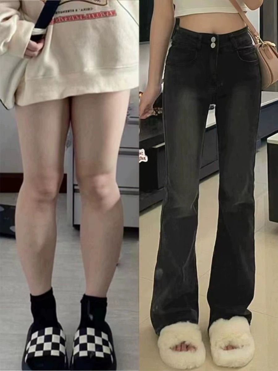 美式復古微喇牛仔褲女秋冬新款高腰顯瘦高個子百搭馬蹄喇叭拖地褲
