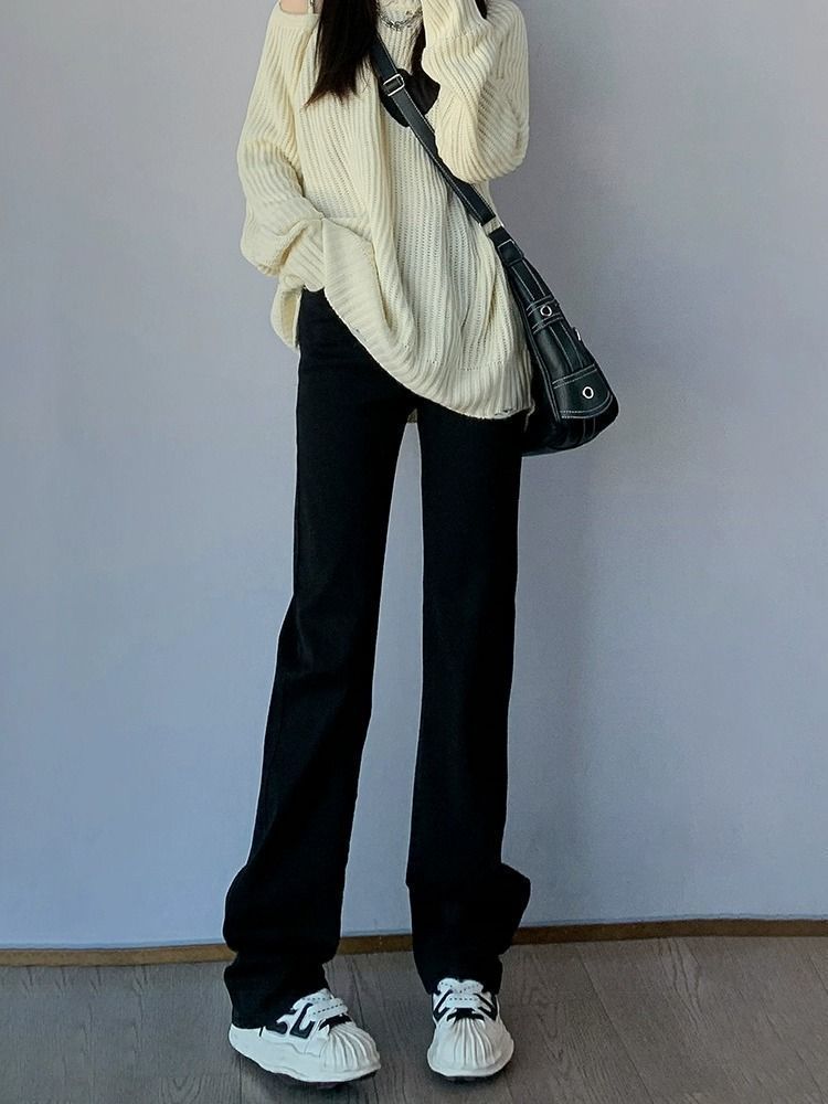 黑色高腰直筒牛仔褲女秋季2023新款小個子垂感顯瘦窄版煙管褲加長