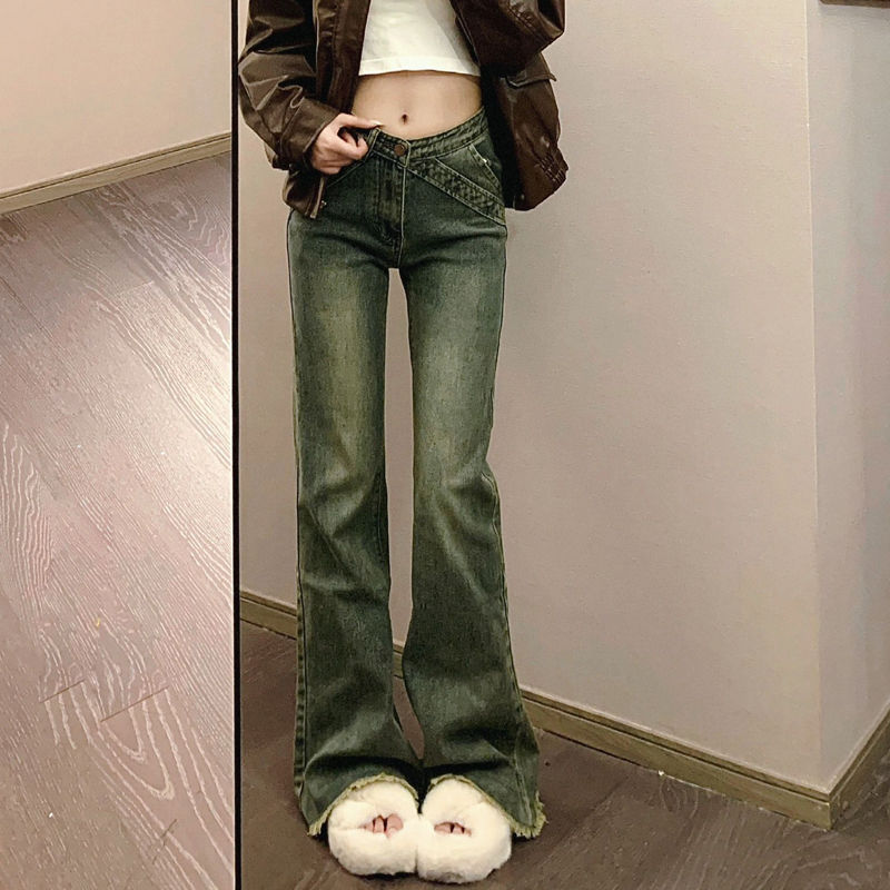 復古做舊水洗毛邊微喇牛仔褲女小個子高腰直筒顯瘦拖地馬蹄長褲潮