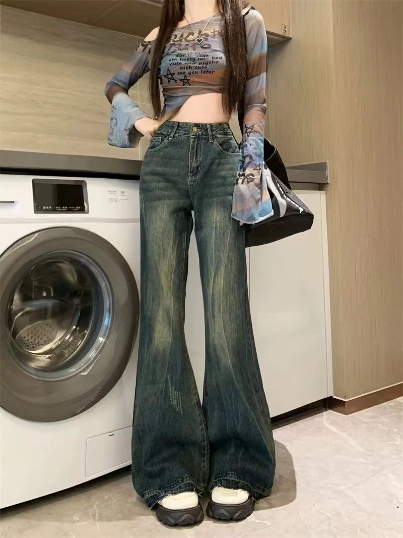 美式復古微喇叭牛仔褲女秋季2023年新款高腰寬鬆垂感闊腿拖地褲子