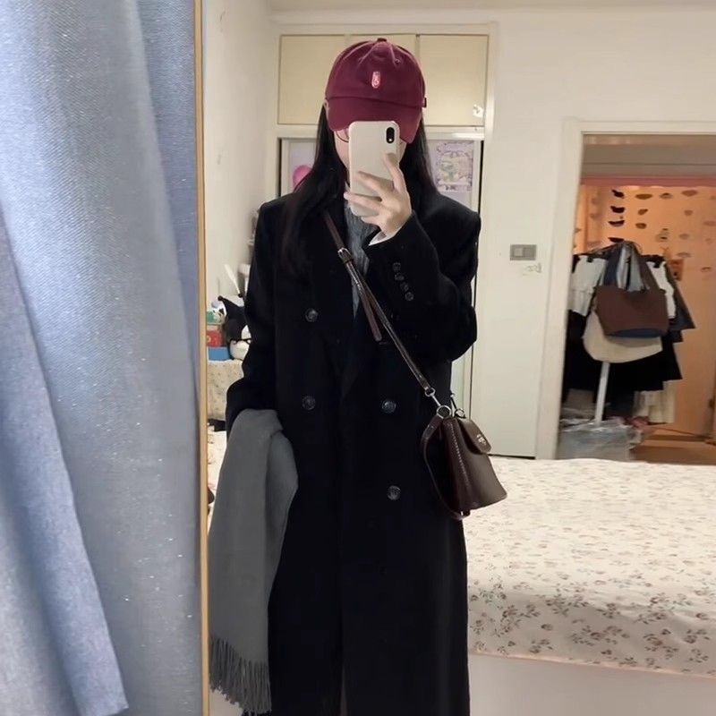 黑色韩系大衣2023新款秋季爆款长款赫本风高级感毛呢子外套女冬季