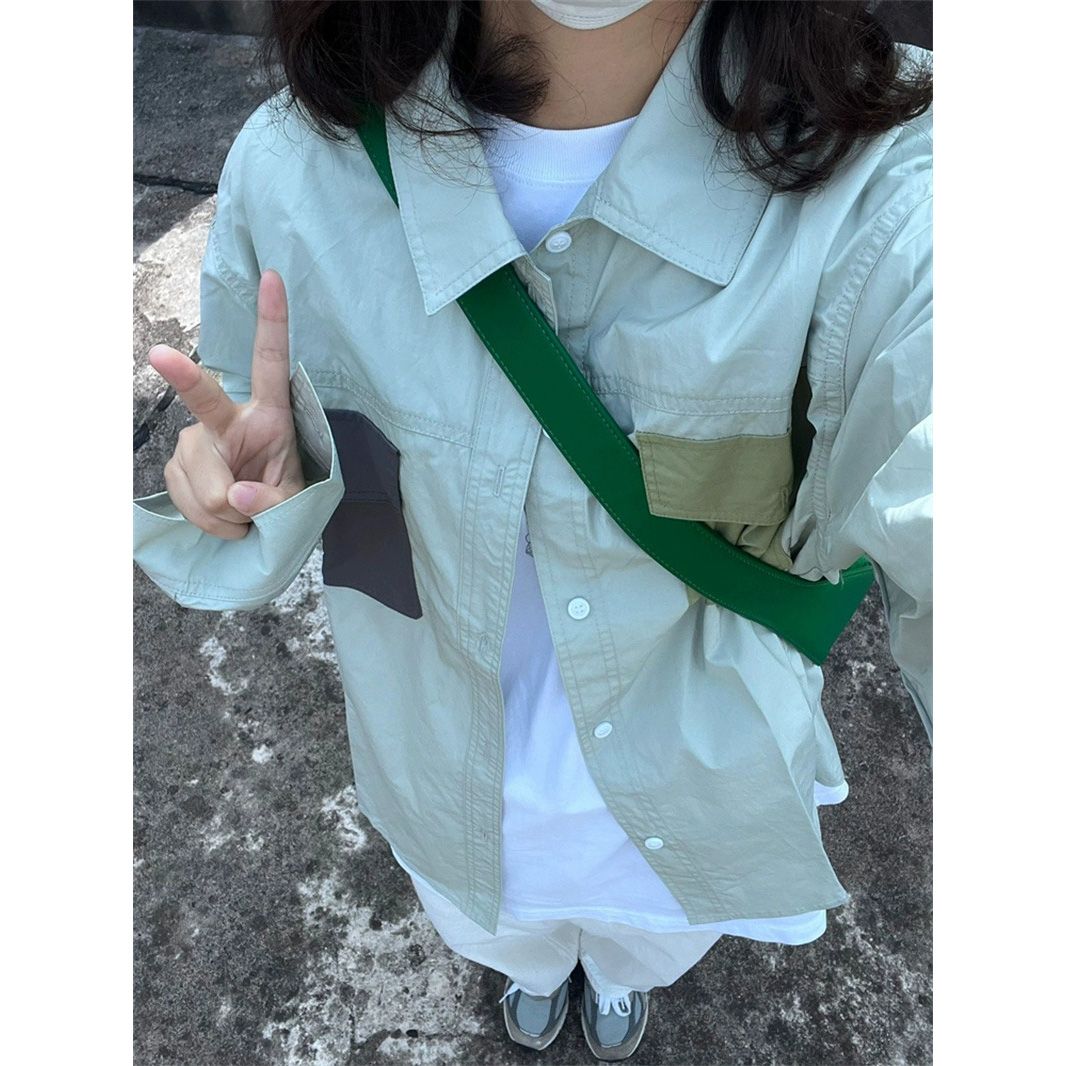 日系復古工裝長袖拼接撞色襯衫男女秋季小眾港風chic外套休閒上衣