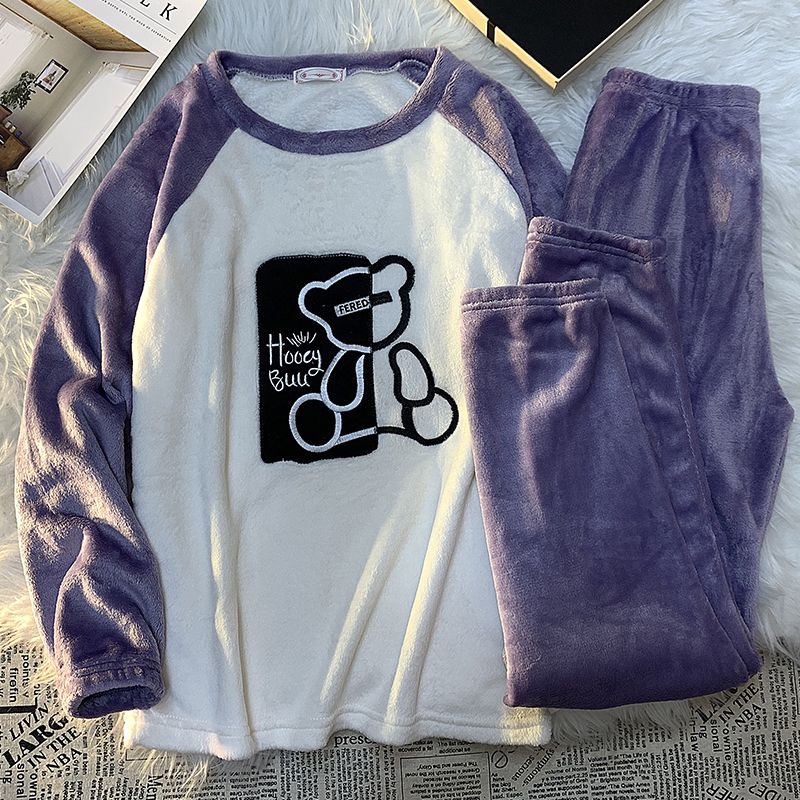 新款珊瑚絨睡衣女士秋冬季加厚細絨法蘭絨長袖套裝甜美卡通家居服