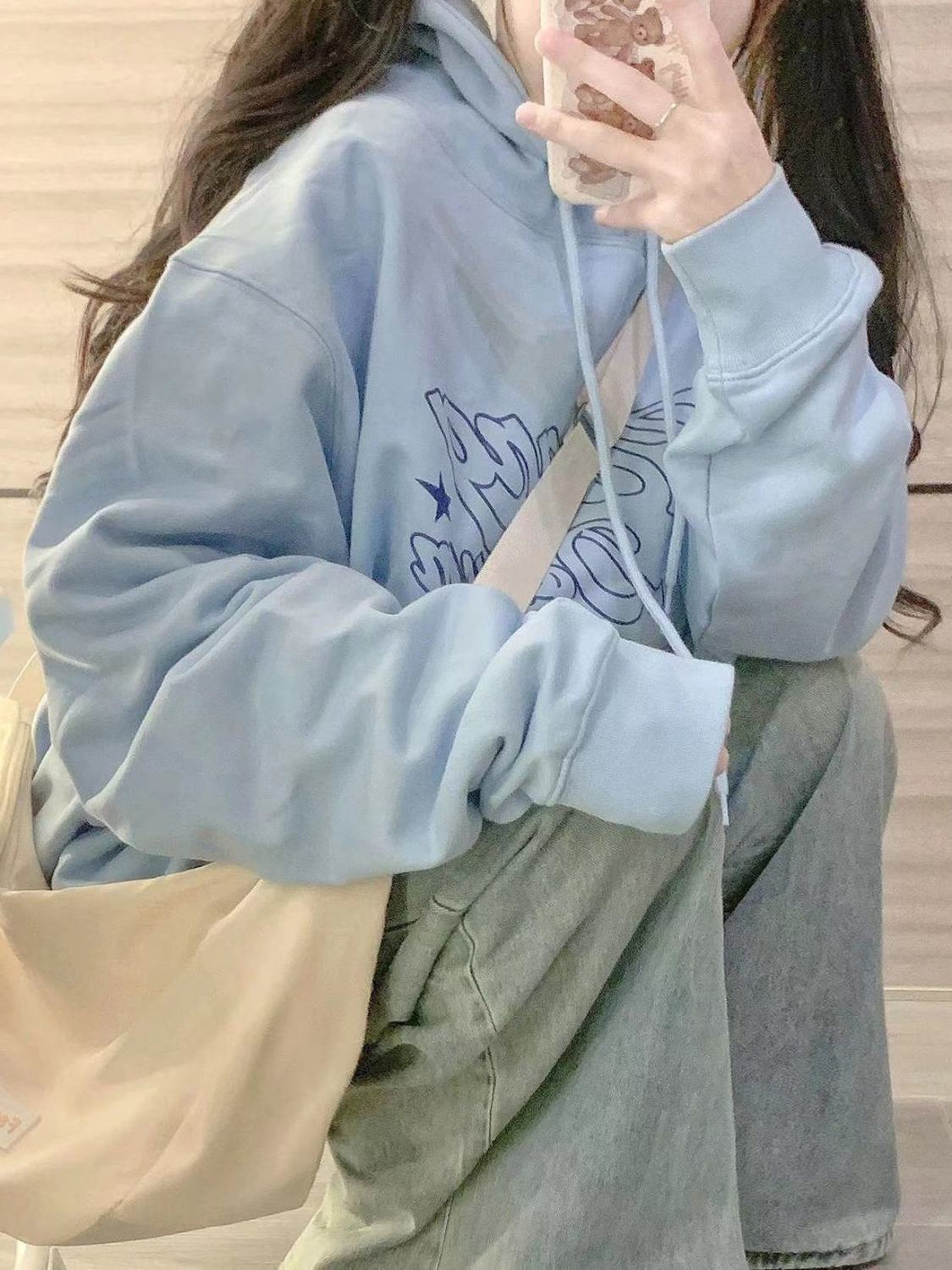 Hooded sweatshirt for women in autumn and winter plus velvet and thickened oversize loose slimming Korean style lazy style long-sleeved top to wear outside