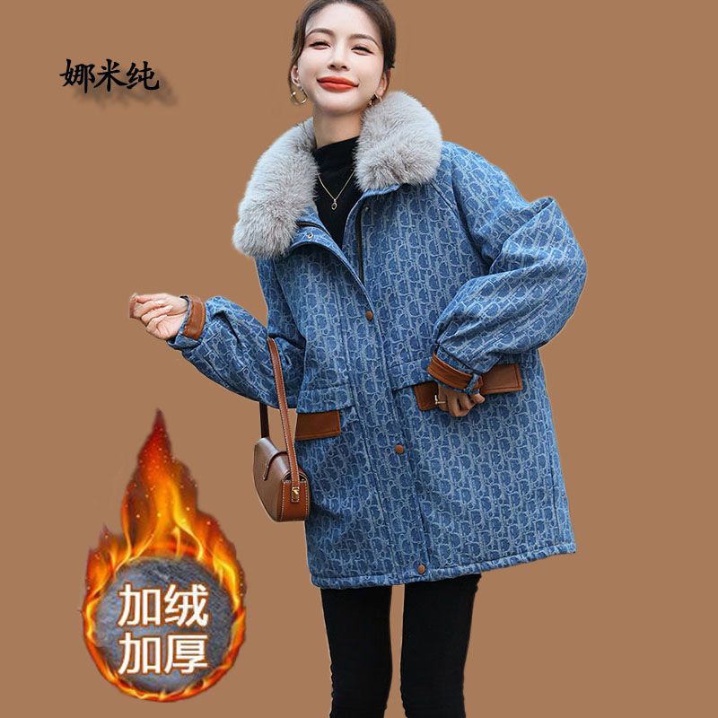 韩系高级感炸街加绒牛仔外套女冬季防寒加厚大毛领牛仔派克服外套